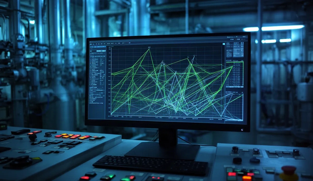 Control room for a water desalination plant displaying real-time system data on a monitor.